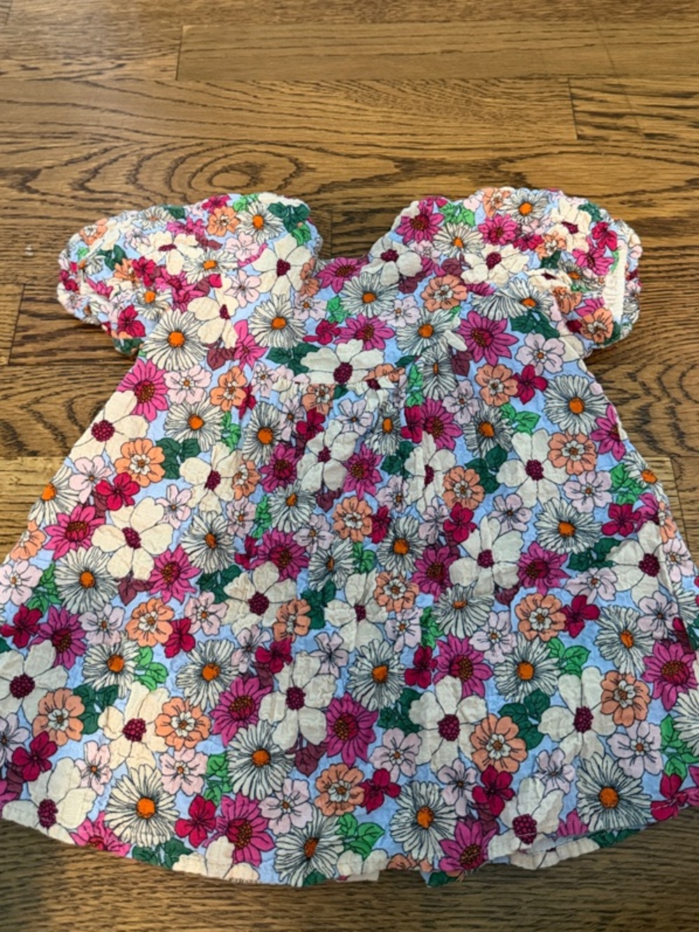 Zara Girls Floral Puff-Sleeve Dress in White, Pink, Green, Orange, Purple